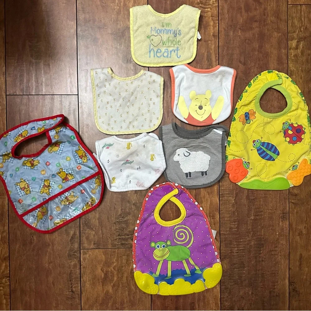Colorful gender neutral Kids Bib Set, Winnie the Pooh, teething bibs etc.